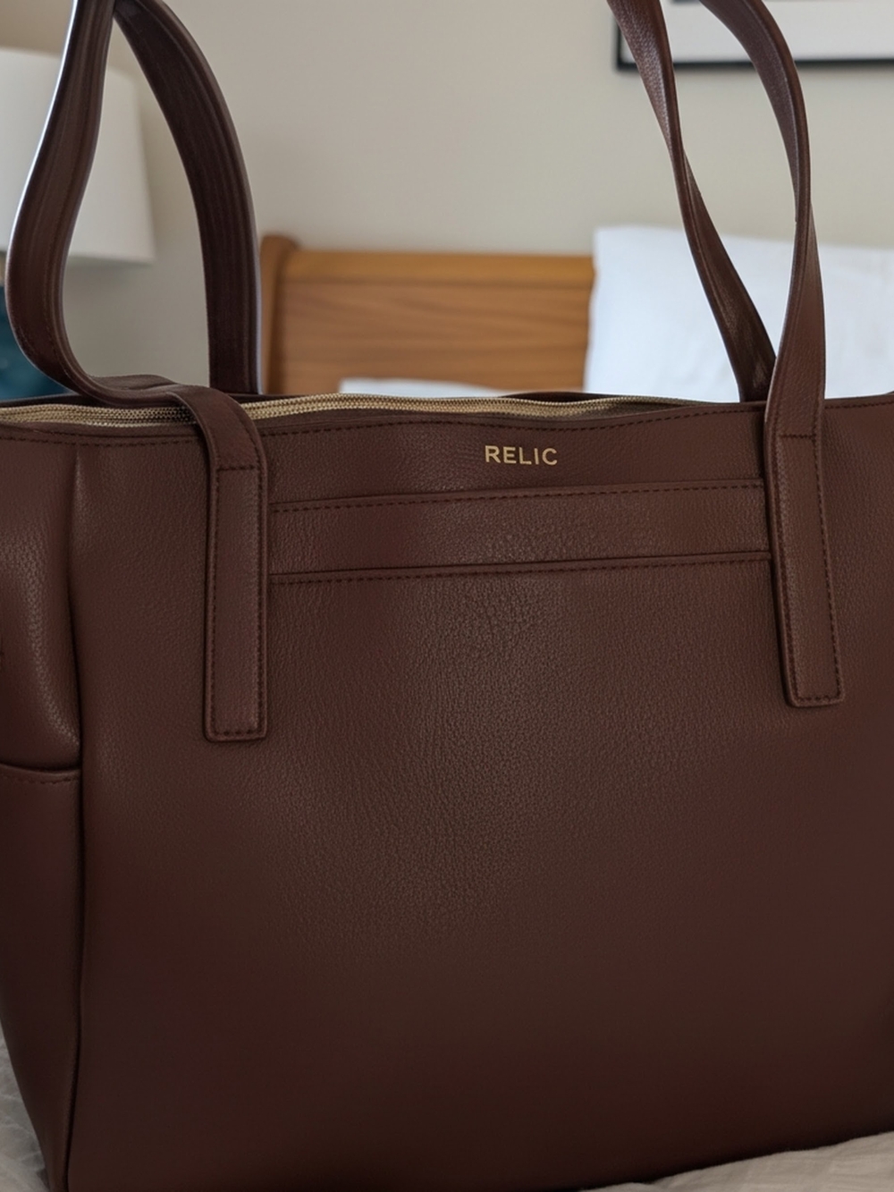 Relic Chocolate Brown Faux Leather Tote with Gold Logo